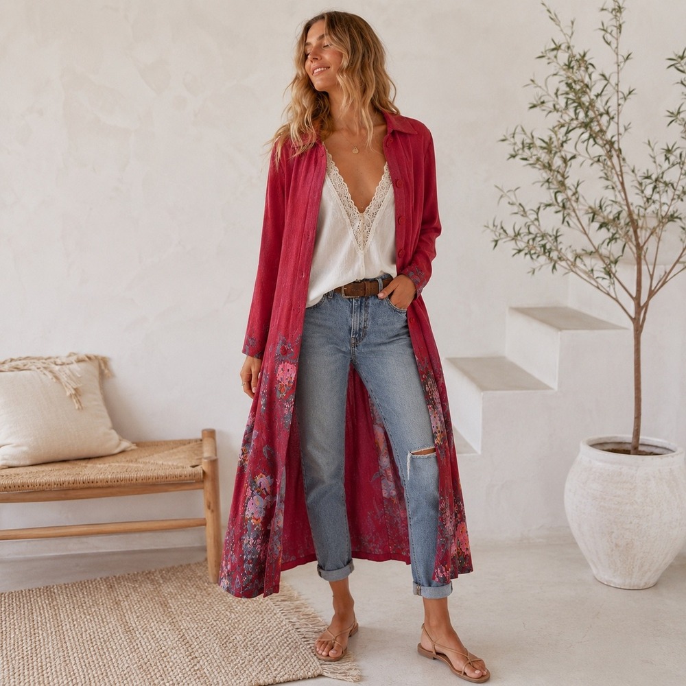 Jerry T New York Boho Floral Pleated Duster Cardigan Large Pink Longline Jacket